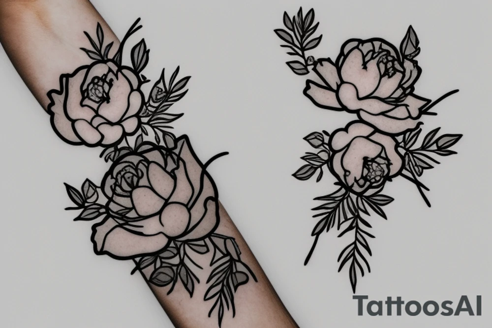 Holding hands into bouquet of peony', rose, wild flowers with one 4 leaf clover tattoo idea