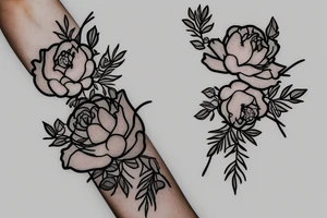 Holding hands into bouquet of peony', rose, wild flowers with one 4 leaf clover tattoo idea