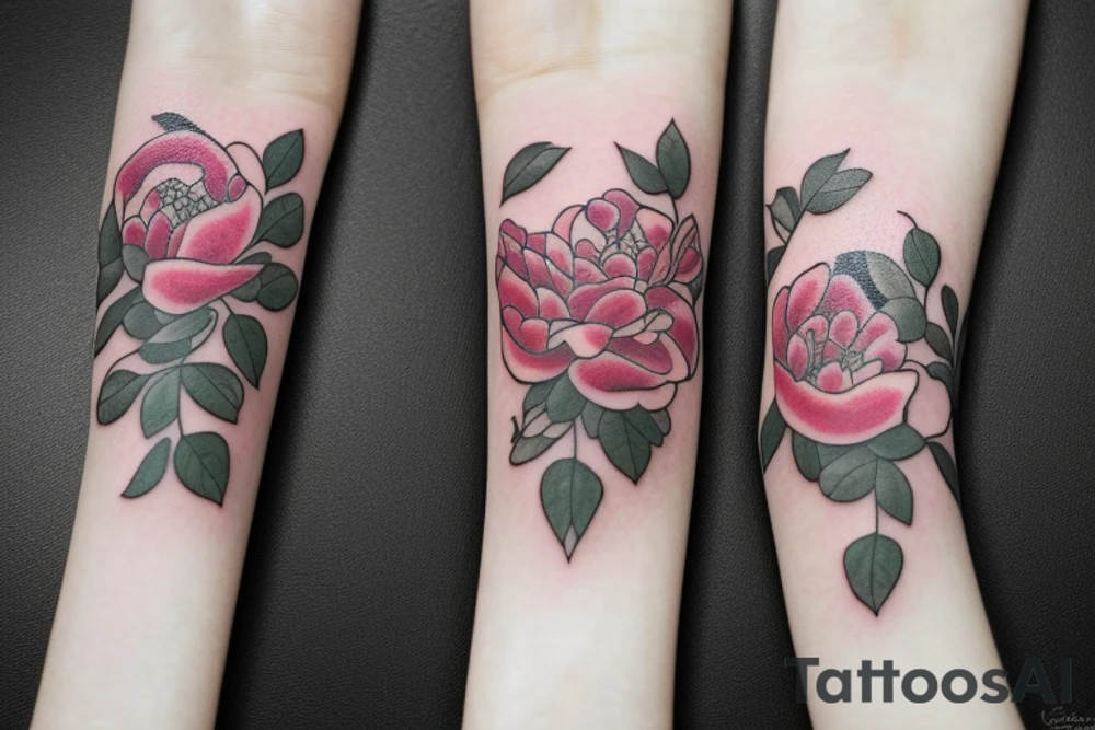 Holding hands into bouquet of peony', rose, wild flowers with one 4 leaf clover tattoo idea