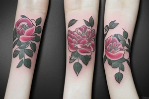 Holding hands into bouquet of peony', rose, wild flowers with one 4 leaf clover tattoo idea