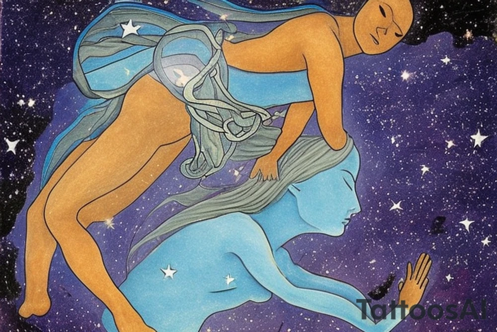 Sky Woman: At the top of the tattoo, place an image of Sky Woman, who fell from the Sky World in the Haudenosaunee creation story. She's often depicted as a figure surrounded by stars or celestial motifs. Perhaps she could be shown in the act of falling, stars streaming behind her.

Turtle Island: Beneath Sky Woman, illustrate a large turtle, representing Turtle Island (North America), where the muskrat brought up earth from the bottom of the sea to create solid land on the turtle's back. Depict the earth on the turtle's back with a few shoots of new life, signifying the growth of all life.

Trees, Animals, and Sky Holder: Depict various elements of nature around the turtle and on its back. These could include the roots and branches of the Great Tree, which Sky Woman fell from; various animals, like the deer, bear, and wolf, which are significant in Haudenosaunee culture; and the figure of Sky Holder, Sky Woman's grandson, who raised his grandmother's body and created the sun and the moon from it.

Circle of Life: The overall design could be enclosed in a circular or oval shape, symbolizing the Haudenosaunee belief in the interconnectedness and continuity of all life. tattoo idea