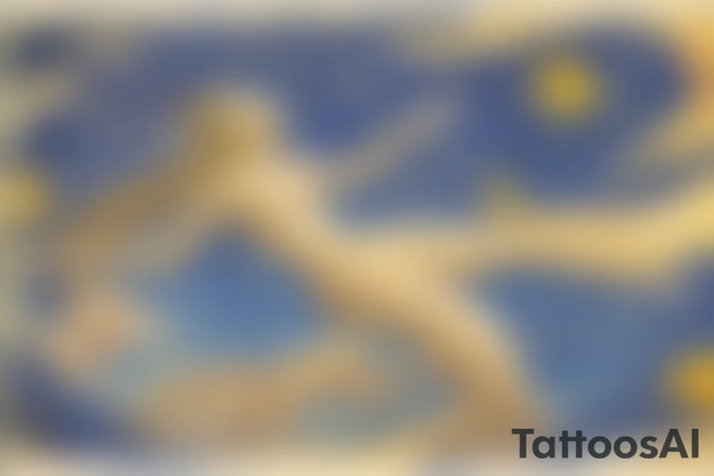 Sky Woman: At the top of the tattoo, place an image of Sky Woman, who fell from the Sky World in the Haudenosaunee creation story. She's often depicted as a figure surrounded by stars or celestial motifs. Perhaps she could be shown in the act of falling, stars streaming behind her.

Turtle Island: Beneath Sky Woman, illustrate a large turtle, representing Turtle Island (North America), where the muskrat brought up earth from the bottom of the sea to create solid land on the turtle's back. Depict the earth on the turtle's back with a few shoots of new life, signifying the growth of all life.

Trees, Animals, and Sky Holder: Depict various elements of nature around the turtle and on its back. These could include the roots and branches of the Great Tree, which Sky Woman fell from; various animals, like the deer, bear, and wolf, which are significant in Haudenosaunee culture; and the figure of Sky Holder, Sky Woman's grandson, who raised his grandmother's body and created the sun and the moon from it.

Circle of Life: The overall design could be enclosed in a circular or oval shape, symbolizing the Haudenosaunee belief in the interconnectedness and continuity of all life. tattoo idea