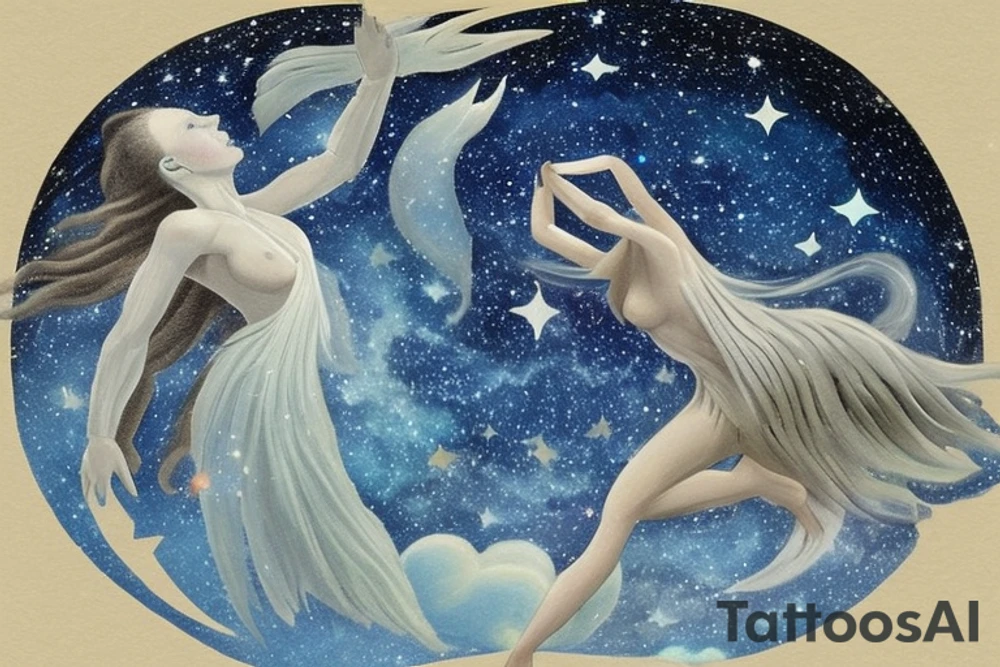 Sky Woman: At the top of the tattoo, place an image of Sky Woman, who fell from the Sky World in the Haudenosaunee creation story. She's often depicted as a figure surrounded by stars or celestial motifs. Perhaps she could be shown in the act of falling, stars streaming behind her.

Turtle Island: Beneath Sky Woman, illustrate a large turtle, representing Turtle Island (North America), where the muskrat brought up earth from the bottom of the sea to create solid land on the turtle's back. Depict the earth on the turtle's back with a few shoots of new life, signifying the growth of all life.

Trees, Animals, and Sky Holder: Depict various elements of nature around the turtle and on its back. These could include the roots and branches of the Great Tree, which Sky Woman fell from; various animals, like the deer, bear, and wolf, which are significant in Haudenosaunee culture; and the figure of Sky Holder, Sky Woman's grandson, who raised his grandmother's body and created the sun and the moon from it.

Circle of Life: The overall design could be enclosed in a circular or oval shape, symbolizing the Haudenosaunee belief in the interconnectedness and continuity of all life. tattoo idea
