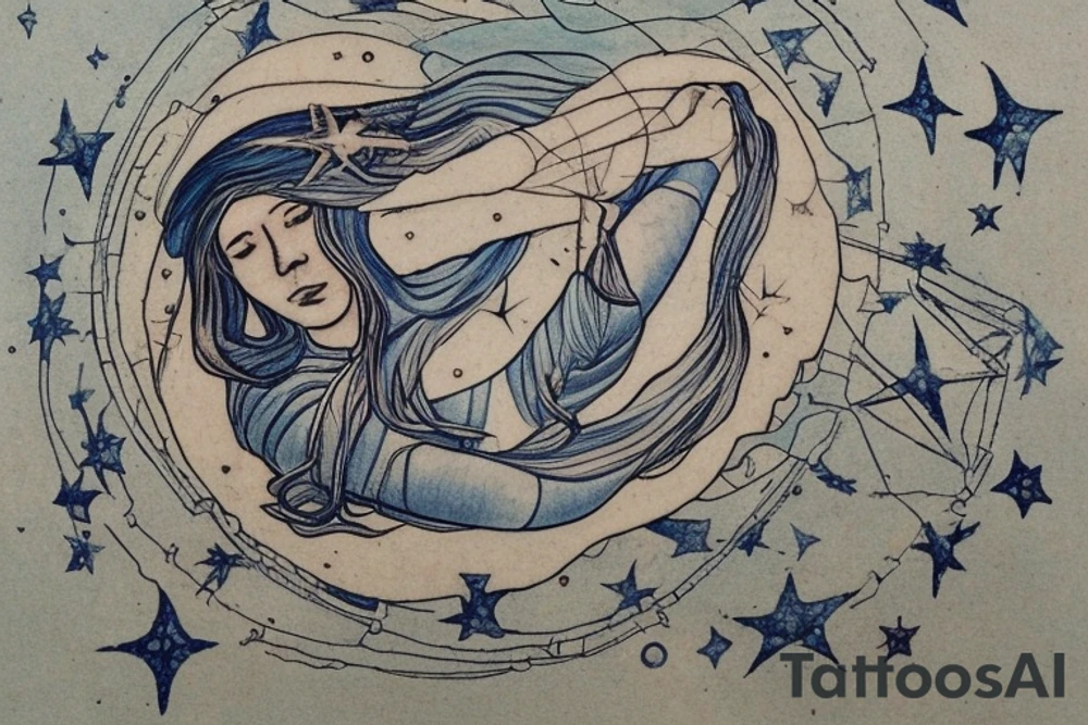 Sky Woman: At the top of the tattoo, place an image of Sky Woman, who fell from the Sky World in the Haudenosaunee creation story. She's often depicted as a figure surrounded by stars or celestial motifs. Perhaps she could be shown in the act of falling, stars streaming behind her.

Turtle Island: Beneath Sky Woman, illustrate a large turtle, representing Turtle Island (North America), where the muskrat brought up earth from the bottom of the sea to create solid land on the turtle's back. Depict the earth on the turtle's back with a few shoots of new life, signifying the growth of all life.

Trees, Animals, and Sky Holder: Depict various elements of nature around the turtle and on its back. These could include the roots and branches of the Great Tree, which Sky Woman fell from; various animals, like the deer, bear, and wolf, which are significant in Haudenosaunee culture; and the figure of Sky Holder, Sky Woman's grandson, who raised his grandmother's body and created the sun and the moon from it.

Circle of Life: The overall design could be enclosed in a circular or oval shape, symbolizing the Haudenosaunee belief in the interconnectedness and continuity of all life. tattoo idea