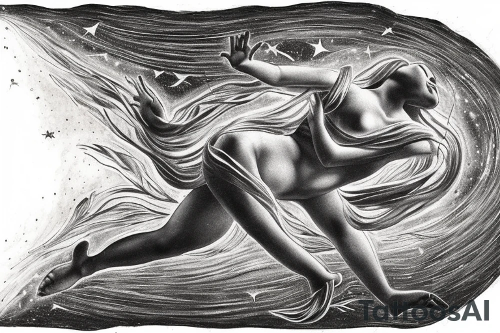 Sky Woman: At the top of the tattoo, place an image of Sky Woman, who fell from the Sky World in the Haudenosaunee creation story. She's often depicted as a figure surrounded by stars or celestial motifs. Perhaps she could be shown in the act of falling, stars streaming behind her.

Turtle Island: Beneath Sky Woman, illustrate a large turtle, representing Turtle Island (North America), where the muskrat brought up earth from the bottom of the sea to create solid land on the turtle's back. Depict the earth on the turtle's back with a few shoots of new life, signifying the growth of all life.

Trees, Animals, and Sky Holder: Depict various elements of nature around the turtle and on its back. These could include the roots and branches of the Great Tree, which Sky Woman fell from; various animals, like the deer, bear, and wolf, which are significant in Haudenosaunee culture; and the figure of Sky Holder, Sky Woman's grandson, who raised his grandmother's body and created the sun and the moon from it.

Circle of Life: The overall design could be enclosed in a circular or oval shape, symbolizing the Haudenosaunee belief in the interconnectedness and continuity of all life. tattoo idea