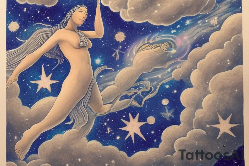 Sky Woman: At the top of the tattoo, place an image of Sky Woman, who fell from the Sky World in the Haudenosaunee creation story. She's often depicted as a figure surrounded by stars or celestial motifs. Perhaps she could be shown in the act of falling, stars streaming behind her.

Turtle Island: Beneath Sky Woman, illustrate a large turtle, representing Turtle Island (North America), where the muskrat brought up earth from the bottom of the sea to create solid land on the turtle's back. Depict the earth on the turtle's back with a few shoots of new life, signifying the growth of all life.

Trees, Animals, and Sky Holder: Depict various elements of nature around the turtle and on its back. These could include the roots and branches of the Great Tree, which Sky Woman fell from; various animals, like the deer, bear, and wolf, which are significant in Haudenosaunee culture; and the figure of Sky Holder, Sky Woman's grandson, who raised his grandmother's body and created the sun and the moon from it.

Circle of Life: The overall design could be enclosed in a circular or oval shape, symbolizing the Haudenosaunee belief in the interconnectedness and continuity of all life. tattoo idea