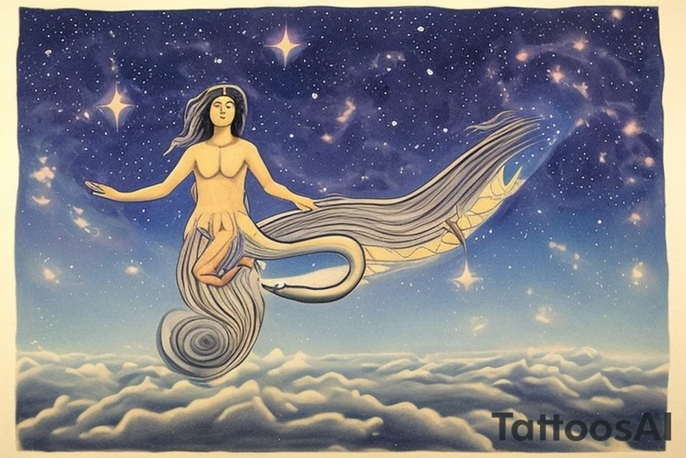 Sky Woman: At the top of the tattoo, place an image of Sky Woman, who fell from the Sky World in the Haudenosaunee creation story. She's often depicted as a figure surrounded by stars or celestial motifs. Perhaps she could be shown in the act of falling, stars streaming behind her.

Turtle Island: Beneath Sky Woman, illustrate a large turtle, representing Turtle Island (North America), where the muskrat brought up earth from the bottom of the sea to create solid land on the turtle's back. Depict the earth on the turtle's back with a few shoots of new life, signifying the growth of all life.

Trees, Animals, and Sky Holder: Depict various elements of nature around the turtle and on its back. These could include the roots and branches of the Great Tree, which Sky Woman fell from; various animals, like the deer, bear, and wolf, which are significant in Haudenosaunee culture; and the figure of Sky Holder, Sky Woman's grandson, who raised his grandmother's body and created the sun and the moon from it.

Circle of Life: The overall design could be enclosed in a circular or oval shape, symbolizing the Haudenosaunee belief in the interconnectedness and continuity of all life. tattoo idea