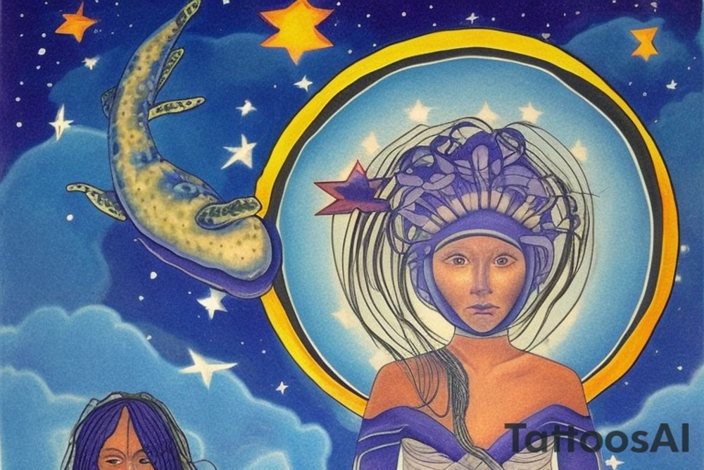 Sky Woman: At the top of the tattoo, place an image of Sky Woman, who fell from the Sky World in the Haudenosaunee creation story. She's often depicted as a figure surrounded by stars or celestial motifs. Perhaps she could be shown in the act of falling, stars streaming behind her.

Turtle Island: Beneath Sky Woman, illustrate a large turtle, representing Turtle Island (North America), where the muskrat brought up earth from the bottom of the sea to create solid land on the turtle's back. Depict the earth on the turtle's back with a few shoots of new life, signifying the growth of all life.

Trees, Animals, and Sky Holder: Depict various elements of nature around the turtle and on its back. These could include the roots and branches of the Great Tree, which Sky Woman fell from; various animals, like the deer, bear, and wolf, which are significant in Haudenosaunee culture; and the figure of Sky Holder, Sky Woman's grandson, who raised his grandmother's body and created the sun and the moon from it.

Circle of Life: The overall design could be enclosed in a circular or oval shape, symbolizing the Haudenosaunee belief in the interconnectedness and continuity of all life. tattoo idea