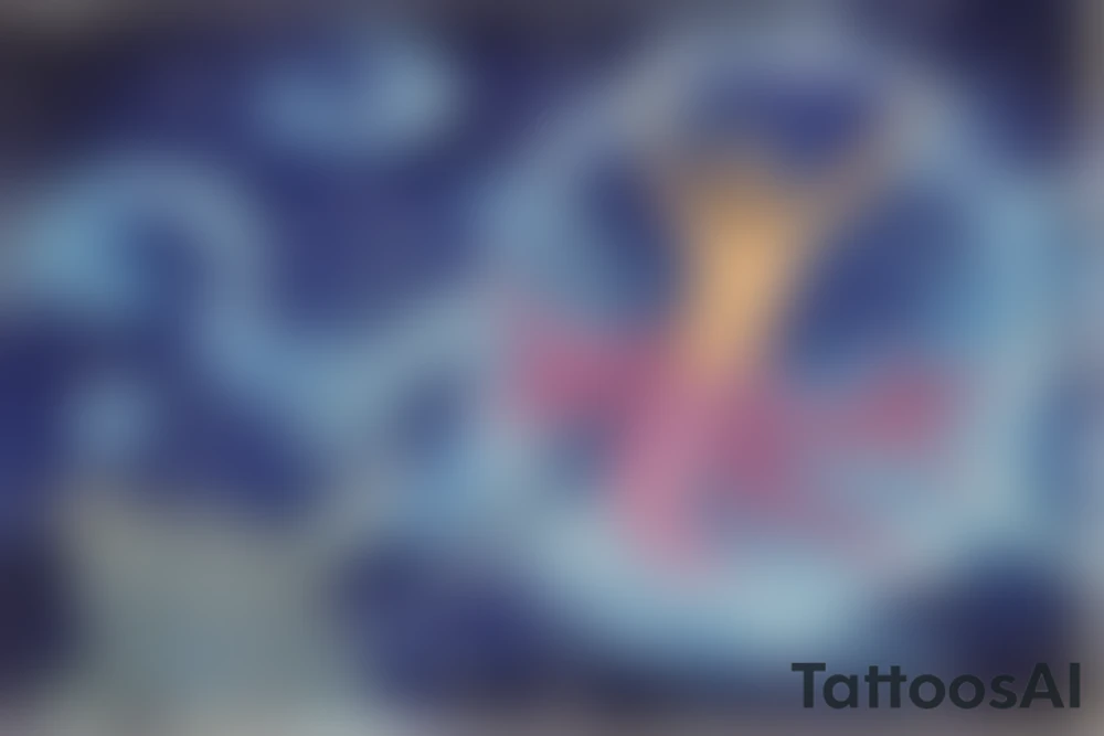 Sky Woman: At the top of the tattoo, place an image of Sky Woman, who fell from the Sky World in the Haudenosaunee creation story. She's often depicted as a figure surrounded by stars or celestial motifs. Perhaps she could be shown in the act of falling, stars streaming behind her.

Turtle Island: Beneath Sky Woman, illustrate a large turtle, representing Turtle Island (North America), where the muskrat brought up earth from the bottom of the sea to create solid land on the turtle's back. Depict the earth on the turtle's back with a few shoots of new life, signifying the growth of all life.

Trees, Animals, and Sky Holder: Depict various elements of nature around the turtle and on its back. These could include the roots and branches of the Great Tree, which Sky Woman fell from; various animals, like the deer, bear, and wolf, which are significant in Haudenosaunee culture; and the figure of Sky Holder, Sky Woman's grandson, who raised his grandmother's body and created the sun and the moon from it.

Circle of Life: The overall design could be enclosed in a circular or oval shape, symbolizing the Haudenosaunee belief in the interconnectedness and continuity of all life. tattoo idea