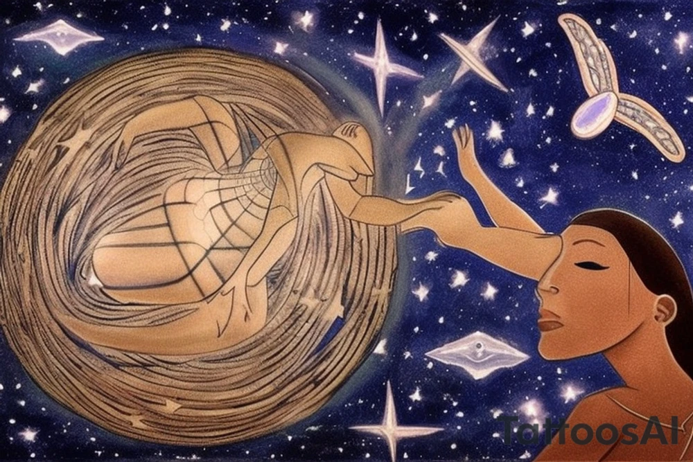 Sky Woman: At the top of the tattoo, place an image of Sky Woman, who fell from the Sky World in the Haudenosaunee creation story. She's often depicted as a figure surrounded by stars or celestial motifs. Perhaps she could be shown in the act of falling, stars streaming behind her.

Turtle Island: Beneath Sky Woman, illustrate a large turtle, representing Turtle Island (North America), where the muskrat brought up earth from the bottom of the sea to create solid land on the turtle's back. Depict the earth on the turtle's back with a few shoots of new life, signifying the growth of all life.

Trees, Animals, and Sky Holder: Depict various elements of nature around the turtle and on its back. These could include the roots and branches of the Great Tree, which Sky Woman fell from; various animals, like the deer, bear, and wolf, which are significant in Haudenosaunee culture; and the figure of Sky Holder, Sky Woman's grandson, who raised his grandmother's body and created the sun and the moon from it.

Circle of Life: The overall design could be enclosed in a circular or oval shape, symbolizing the Haudenosaunee belief in the interconnectedness and continuity of all life. tattoo idea