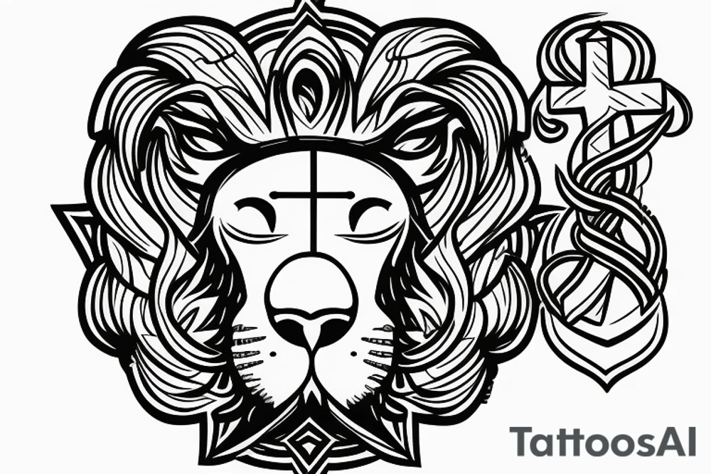 a lion with an anchor and cross in the background tattoo idea
