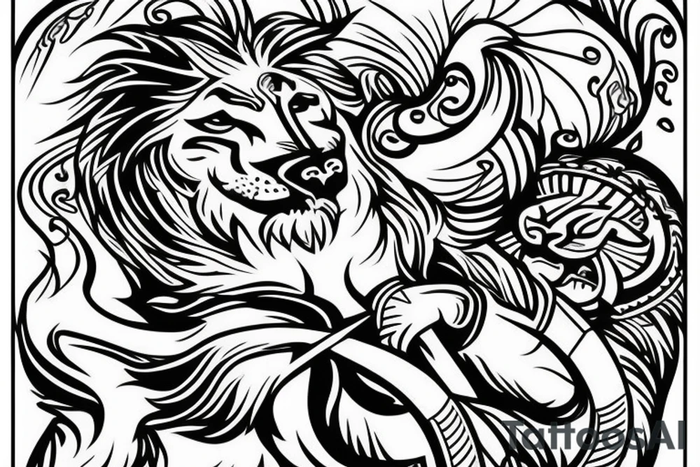 a lion with an anchor and cross in the background tattoo idea