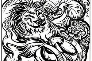 a lion with an anchor and cross in the background tattoo idea