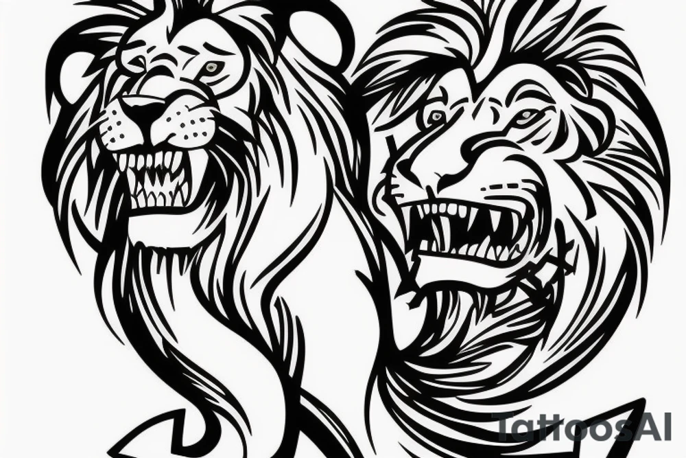 a lion with an anchor and cross in the background tattoo idea