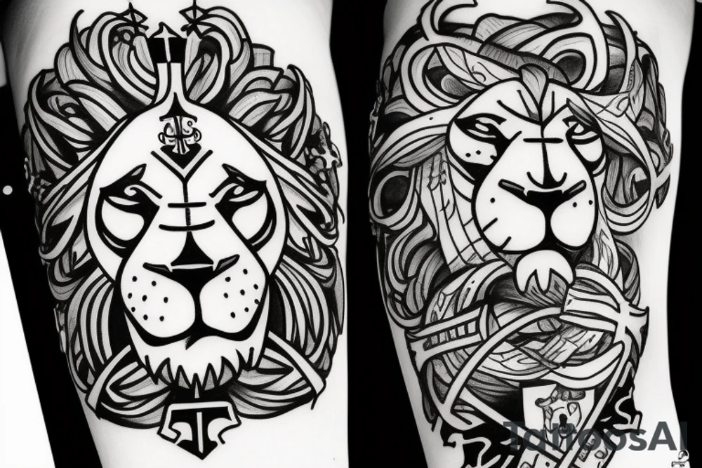 a lion with an anchor and cross in the background tattoo idea