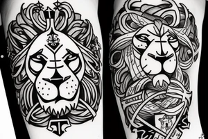 a lion with an anchor and cross in the background tattoo idea