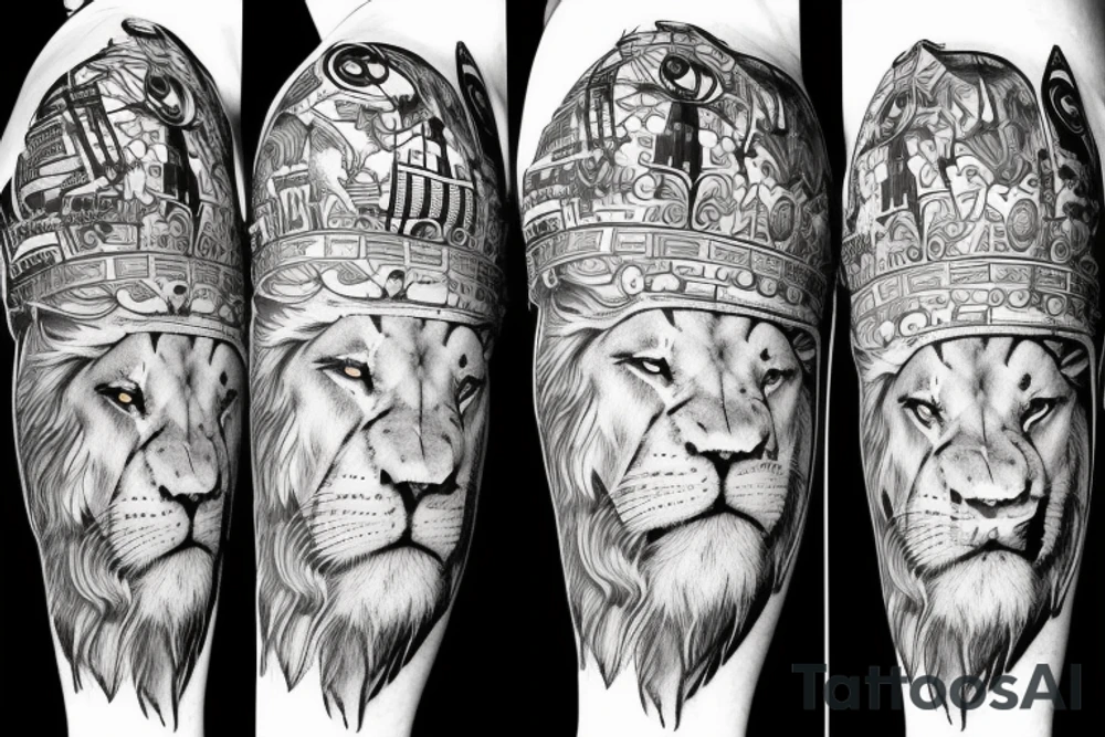 face of lion with ship in background tattoo idea