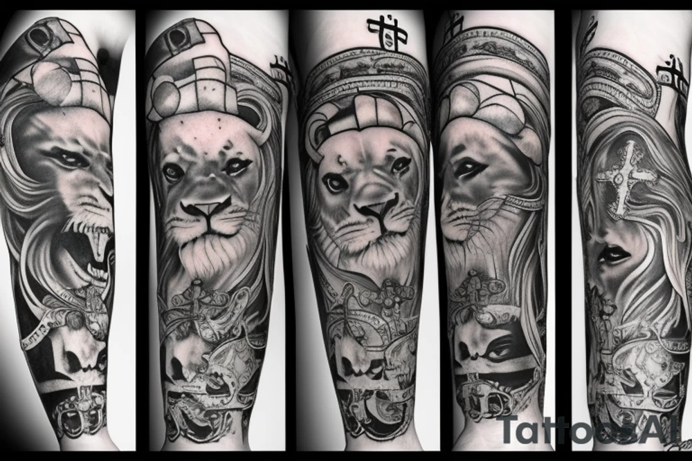 face of lion with 2 pistols, a ship anchor, and a cross tattoo idea