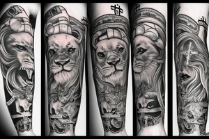 face of lion with 2 pistols, a ship anchor, and a cross tattoo idea