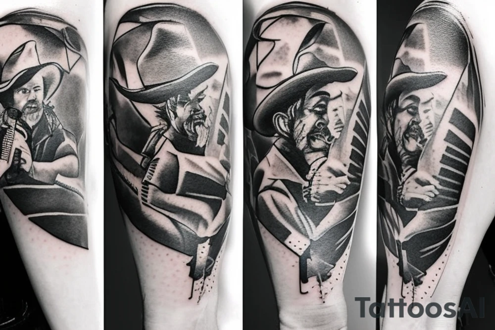 A cowboy shoot out, the cowboy on the right should shooting, and the cowboy on the left should be falling backwards with his gun falling off his hand and hat falling of his head tattoo idea