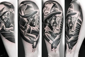A cowboy shoot out, the cowboy on the right should shooting, and the cowboy on the left should be falling backwards with his gun falling off his hand and hat falling of his head tattoo idea