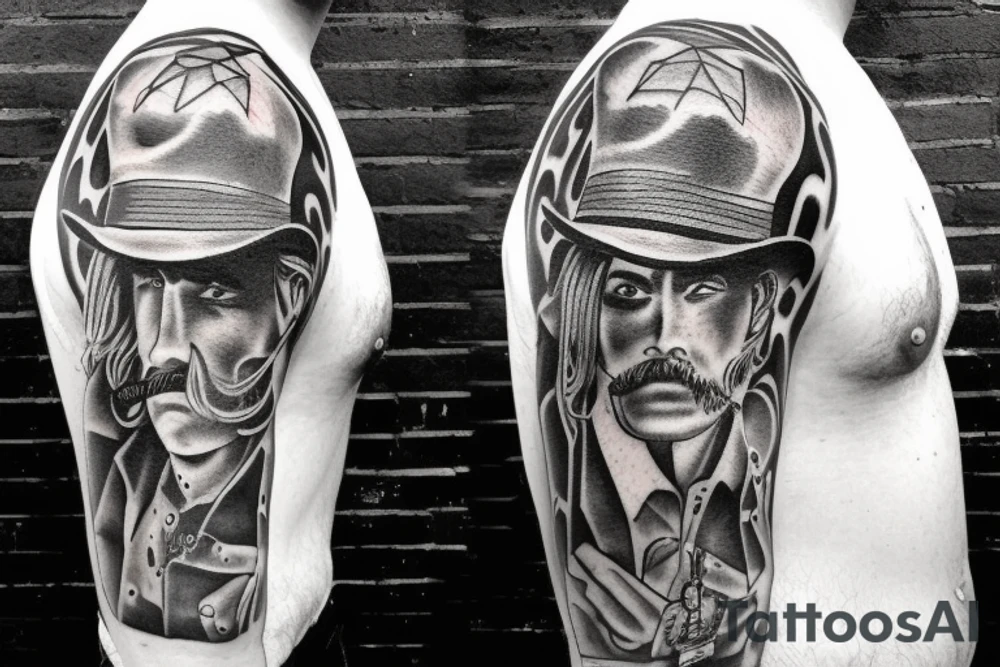 A cowboy shoot out, the cowboy on the right should shooting, and the cowboy on the left should be falling backwards with his gun falling off his hand and hat falling of his head tattoo idea