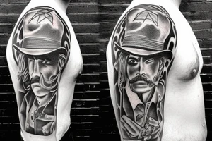 A cowboy shoot out, the cowboy on the right should shooting, and the cowboy on the left should be falling backwards with his gun falling off his hand and hat falling of his head tattoo idea