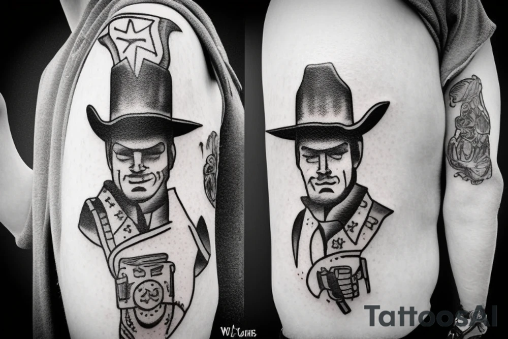 A cowboy shoot out, the cowboy on the right should shooting, and the cowboy on the left should be falling backwards with his gun falling off his hand and hat falling of his head tattoo idea