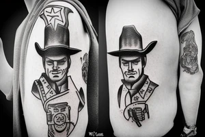 A cowboy shoot out, the cowboy on the right should shooting, and the cowboy on the left should be falling backwards with his gun falling off his hand and hat falling of his head tattoo idea