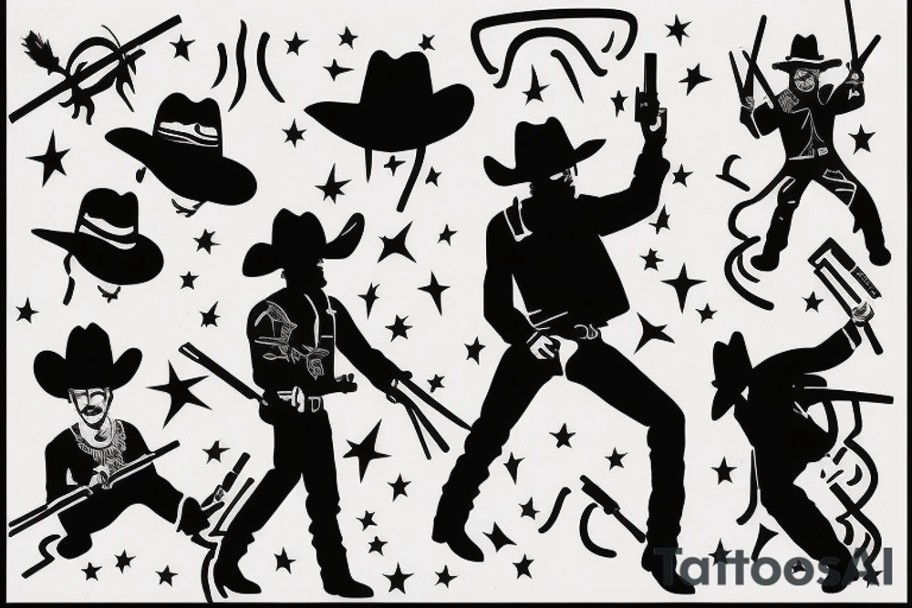 A cowboy shoot out, the cowboy on the right should shooting, and the cowboy on the left should be falling backwards with his gun falling off his hand and hat falling of his head tattoo idea