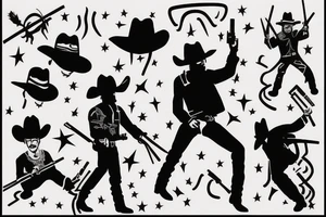 A cowboy shoot out, the cowboy on the right should shooting, and the cowboy on the left should be falling backwards with his gun falling off his hand and hat falling of his head tattoo idea