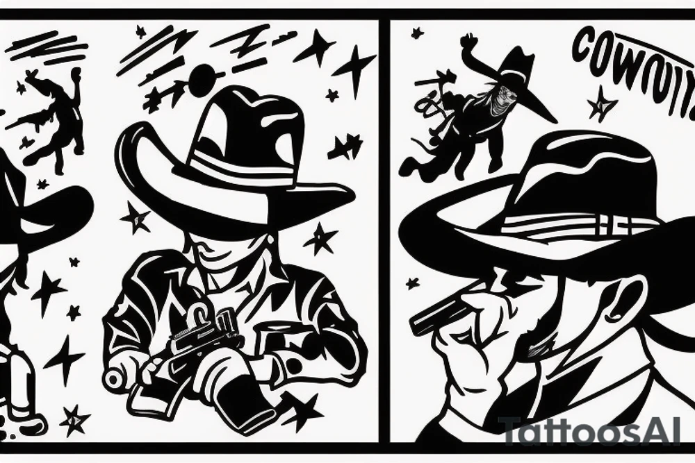 A cowboy shoot out, the cowboy on the right should shooting, and the cowboy on the left should be falling backwards with his gun falling off his hand and hat falling of his head tattoo idea