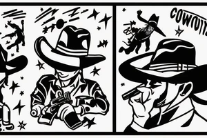 A cowboy shoot out, the cowboy on the right should shooting, and the cowboy on the left should be falling backwards with his gun falling off his hand and hat falling of his head tattoo idea
