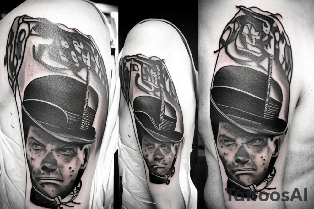 A cowboy shoot out, the cowboy on the right should shooting, and the cowboy on the left should be falling backwards with his gun falling off his hand and hat falling of his head tattoo idea