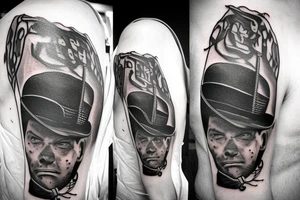 A cowboy shoot out, the cowboy on the right should shooting, and the cowboy on the left should be falling backwards with his gun falling off his hand and hat falling of his head tattoo idea