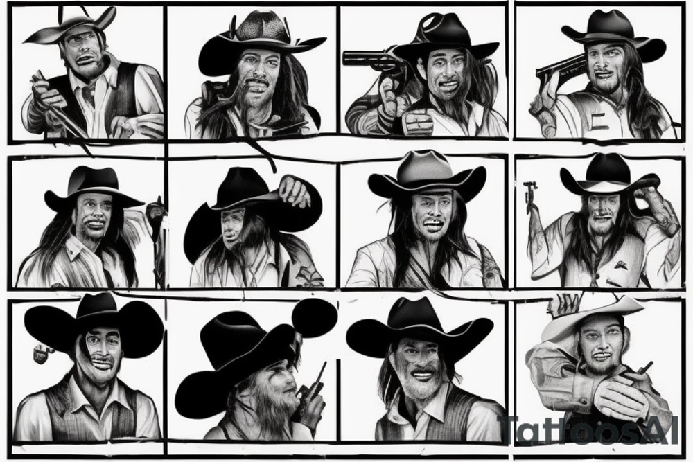A cowboy shoot out, the cowboy on the right should shooting, and the cowboy on the left should be falling backwards with his gun falling off his hand and hat falling of his head. A chest tattoo tattoo idea
