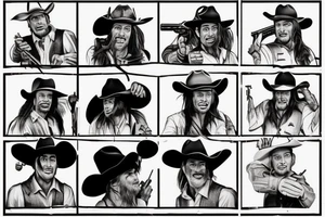 A cowboy shoot out, the cowboy on the right should shooting, and the cowboy on the left should be falling backwards with his gun falling off his hand and hat falling of his head. A chest tattoo tattoo idea