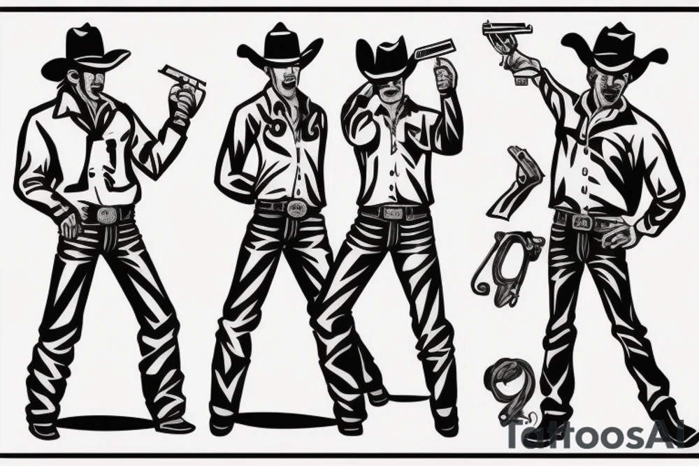 A cowboy shoot out, the cowboy on the right should shooting, and the cowboy on the left should be falling backwards with his gun falling off his hand and hat falling of his head. A chest tattoo tattoo idea