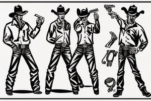 A cowboy shoot out, the cowboy on the right should shooting, and the cowboy on the left should be falling backwards with his gun falling off his hand and hat falling of his head. A chest tattoo tattoo idea