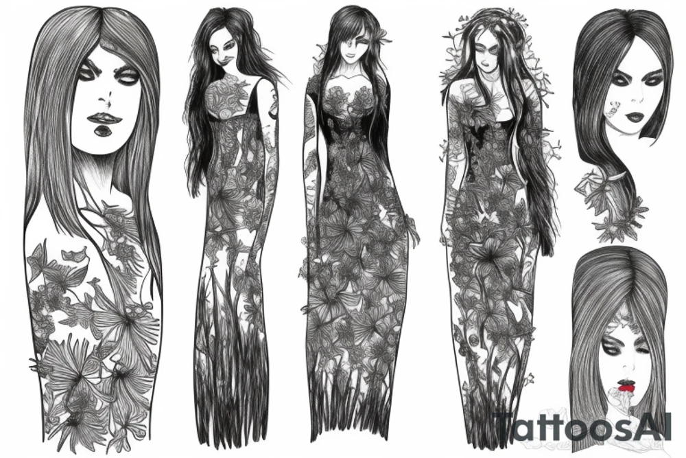 a woman in a long dress surrounded with red spider lilies tattoo idea