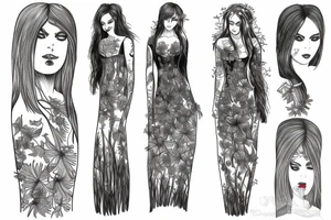 a woman in a long dress surrounded with red spider lilies tattoo idea