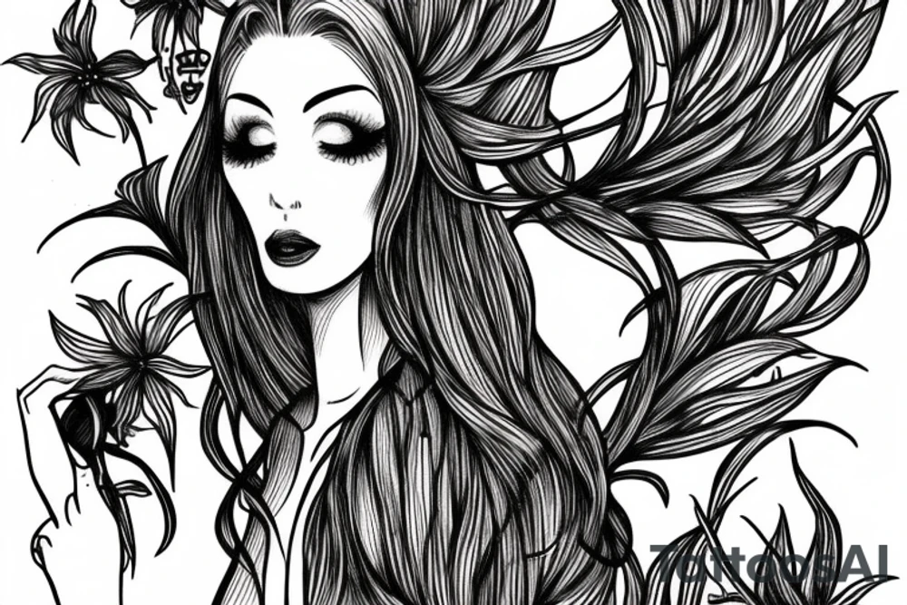 a woman in a long dress surrounded with red spider lilies tattoo idea