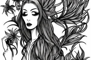 a woman in a long dress surrounded with red spider lilies tattoo idea