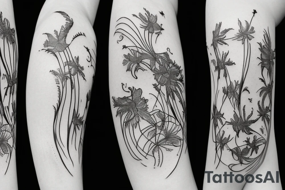 a woman in a long dress surrounded with red spider lilies tattoo idea