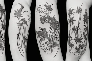 a woman in a long dress surrounded with red spider lilies tattoo idea