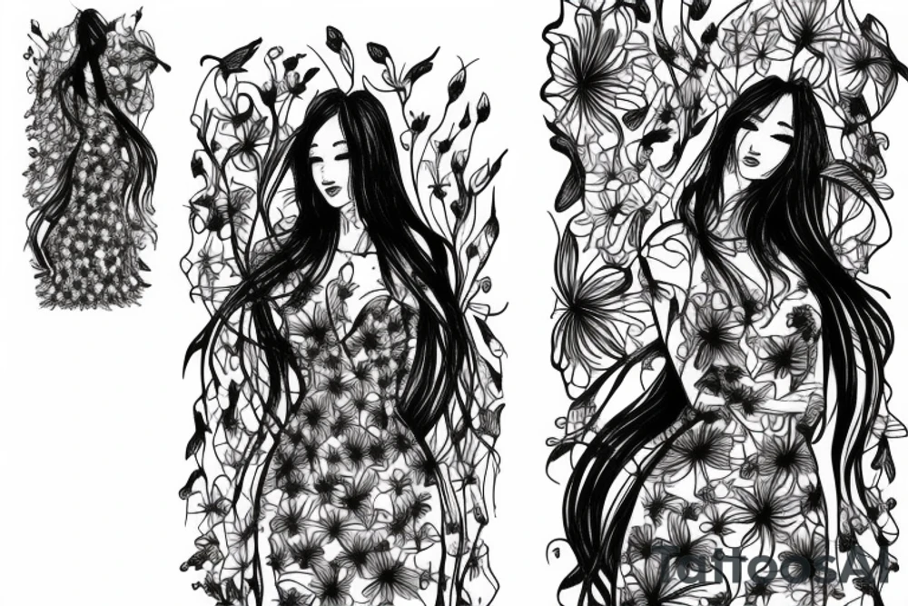 a woman in a long dress surrounded with red spider lilies tattoo idea
