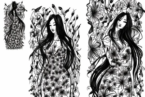 a woman in a long dress surrounded with red spider lilies tattoo idea