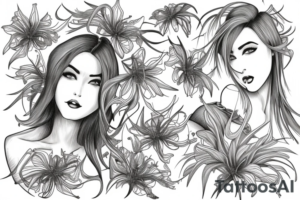 a woman in a long dress surrounded with red spider lilies tattoo idea