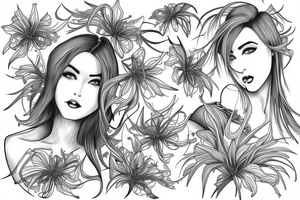 a woman in a long dress surrounded with red spider lilies tattoo idea