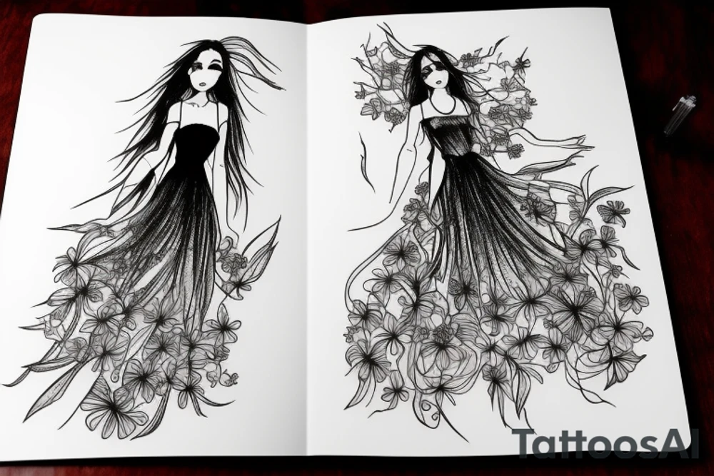 a woman in a long dress surrounded with red spider lilies tattoo idea